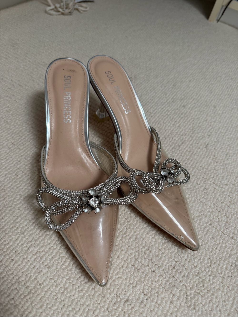 Nude Patent Pointed-Toe Crystal Bow Mules